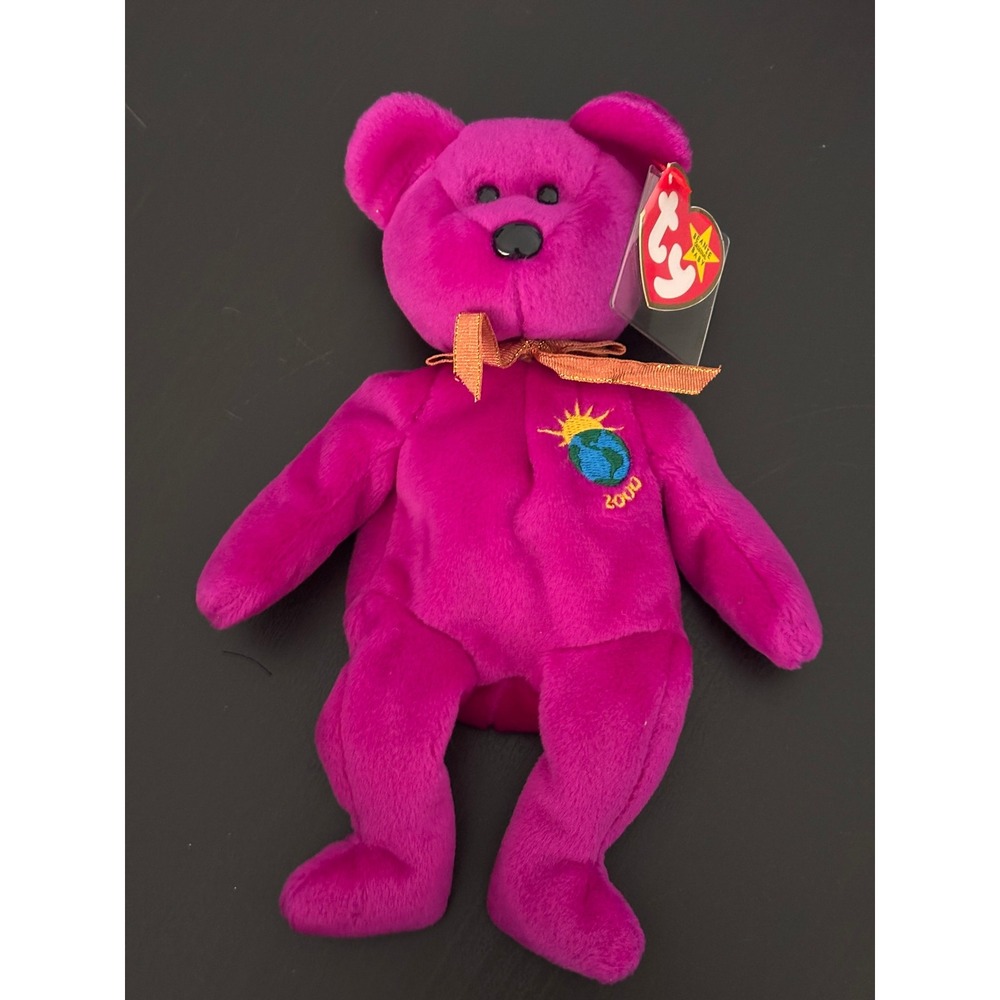 Ty Beanie Baby Millennium Bear Fuchsia Pink 2000 Earth Logo Plush 1999 Tag